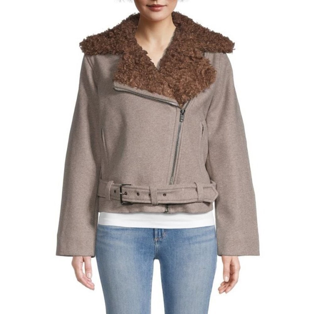 NWT DH New York Sky Taupe Faux Fur Diagonal Zip Warm Moto Biker Jacket